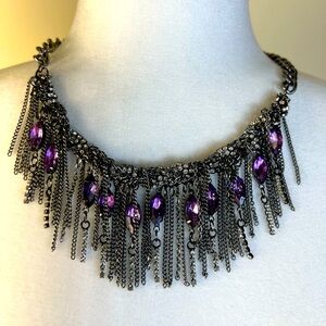 Dark Silver Fringe Statement Necklace with Lavender Purple Crystal Jewels